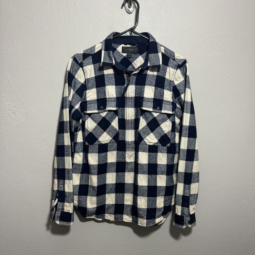 JCrew $138 Navy Plaid Flannel Zip Popover Sweatshirt Top Sz Small S Wool Blend